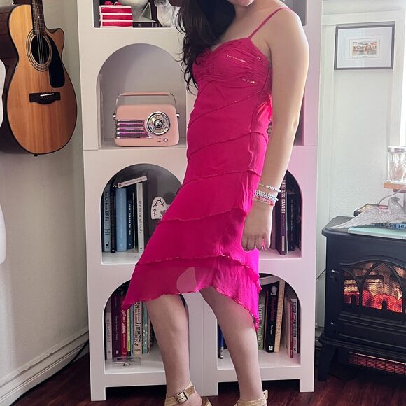 Vintage Sue Wong Pink Ruffle Beaded Silk Midi Dress Sz 8 90s Y2K Fairy Evening - Picture 5 of 10